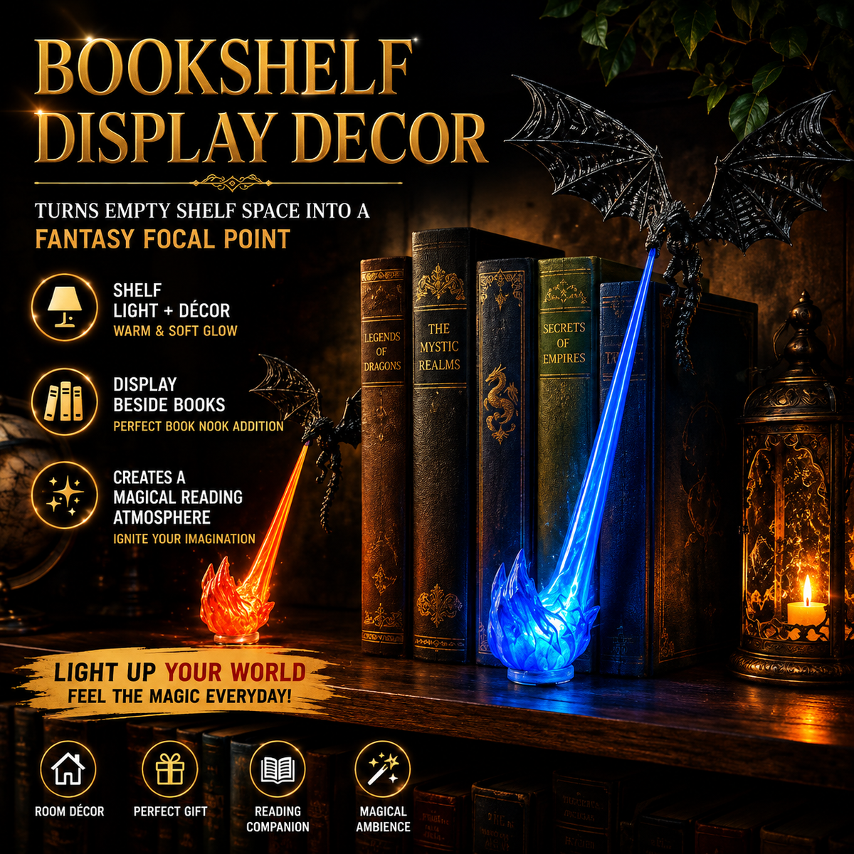 DragonFlame 3D – Fire-Breathing Dragon LED Bookshelf Decor | Buy 1 Get 1 Free