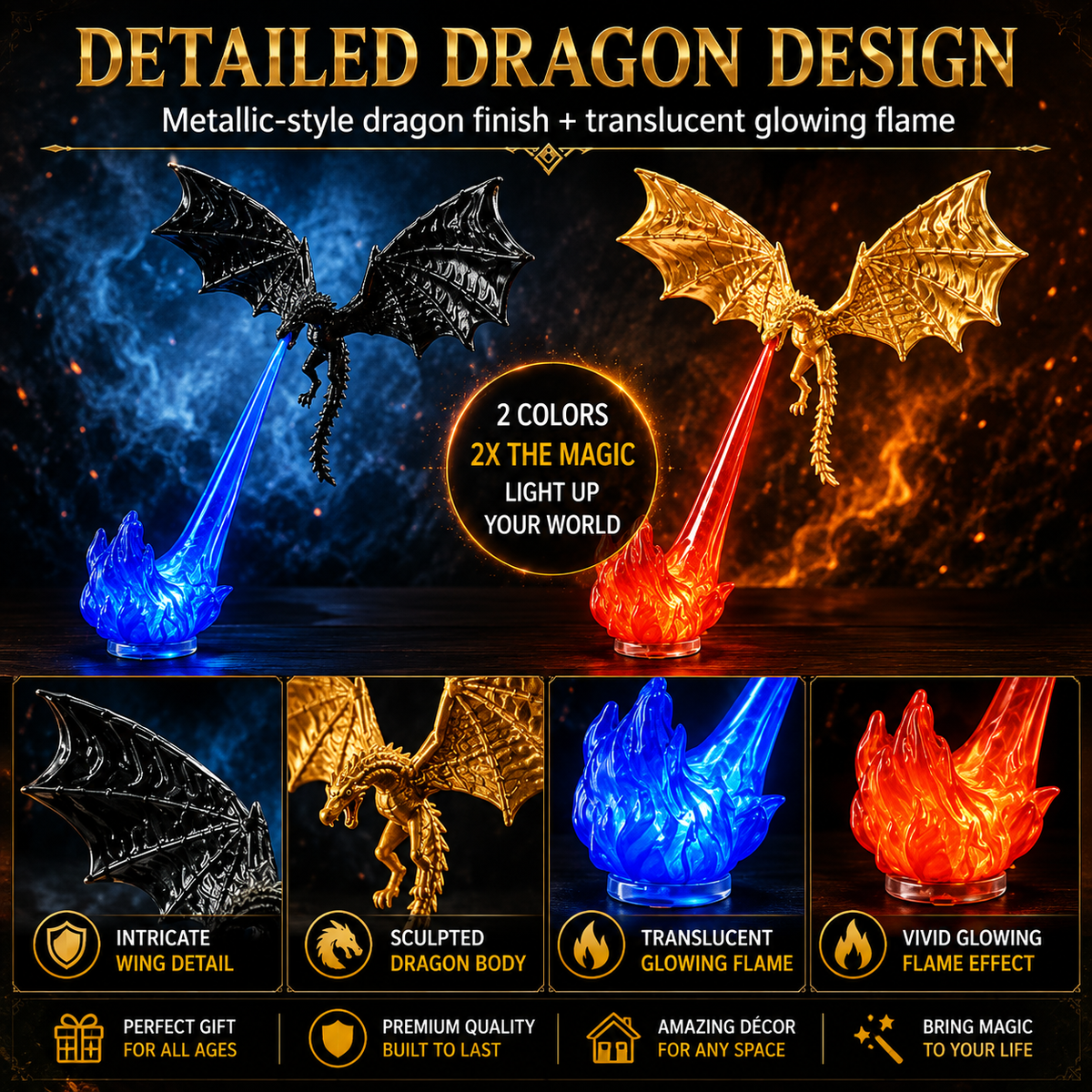 DragonFlame 3D – Fire-Breathing Dragon LED Bookshelf Decor | Buy 1 Get 1 Free