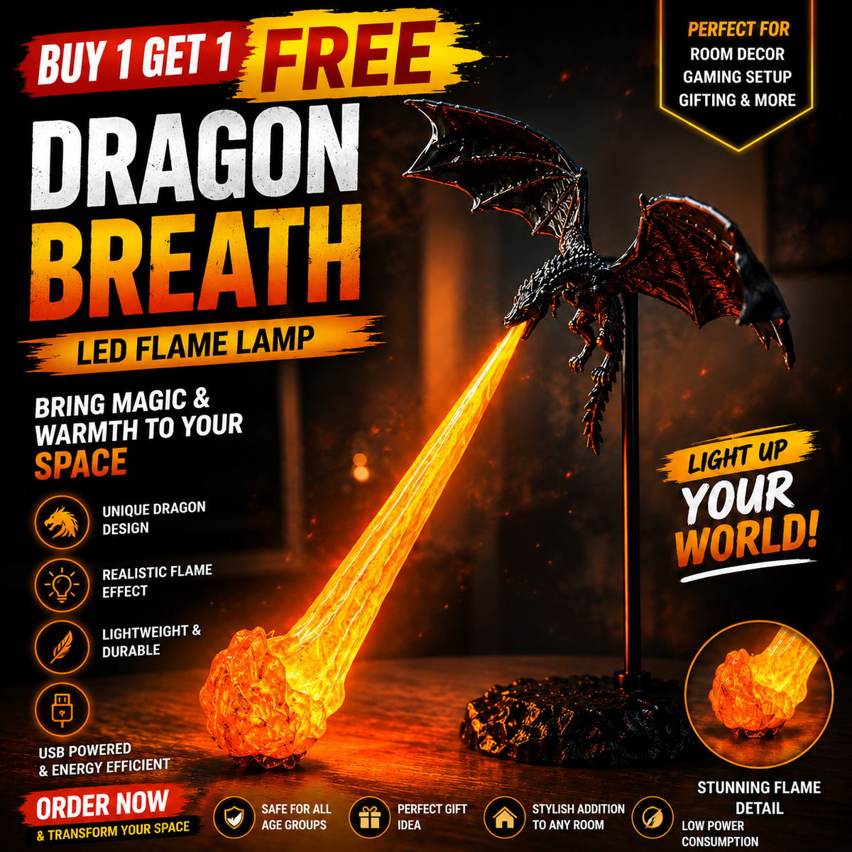 DragonFlame 3D – Fire-Breathing Dragon LED Bookshelf Decor | Buy 1 Get 1 Free