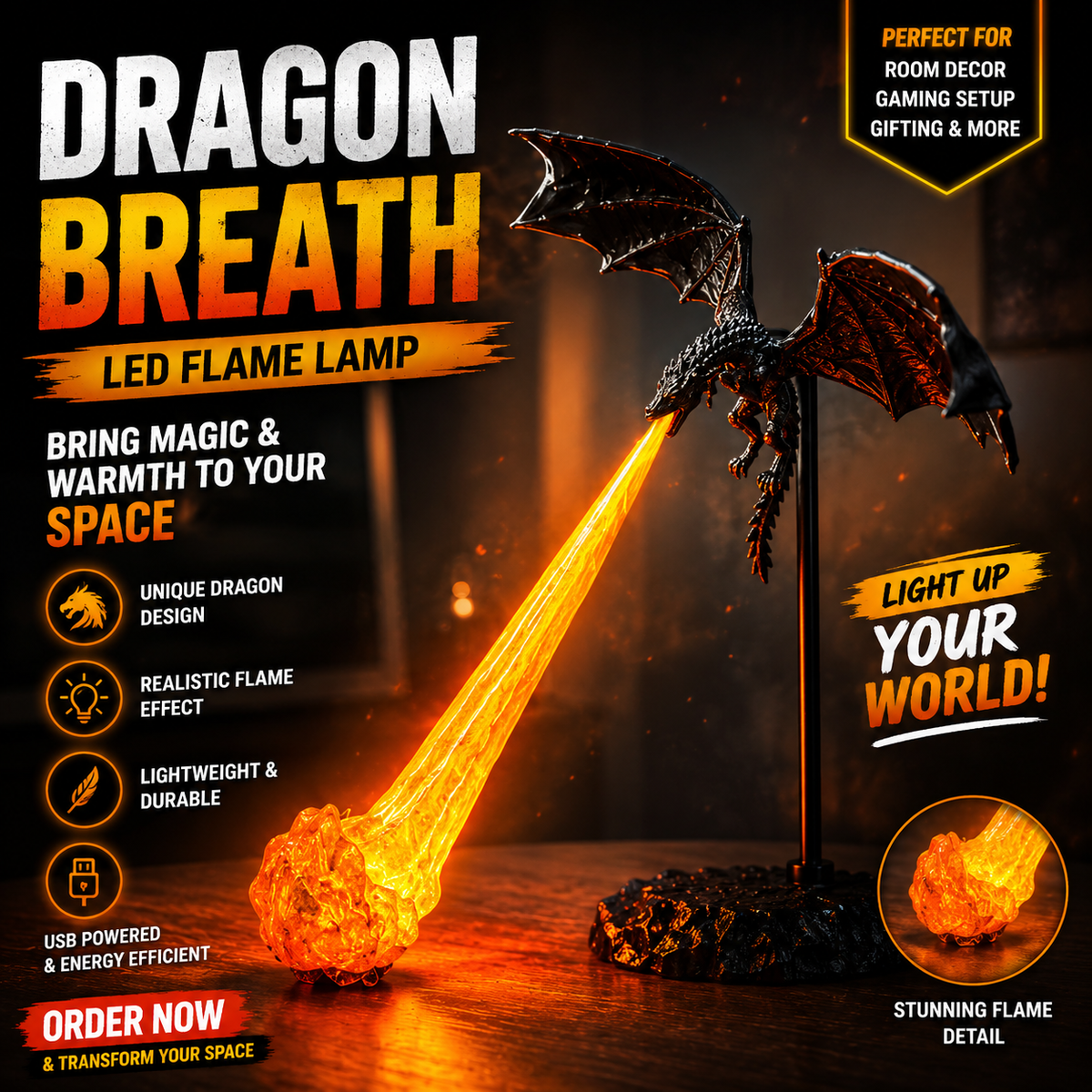 DragonFlame 3D – Fire-Breathing Dragon LED Bookshelf Decor | Buy 1 Get 1 Free
