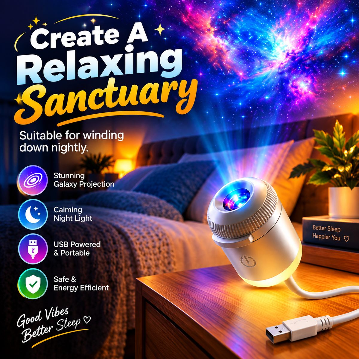 GalaxyGlow Projector – Magical Starry Sky Night Light for Bedroom Decor | BUY 1 GET 1 FREE